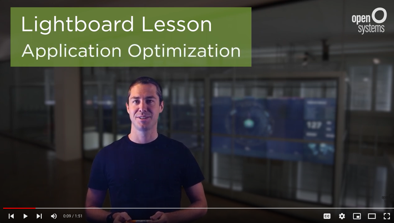 A person in a black shirt stands in front of a clear lightboard with a green banner above them that reads "Lightboard Lesson Application Optimization Functionalities." The video thumbnail is branded with the "open systems" logo in the top right corner.